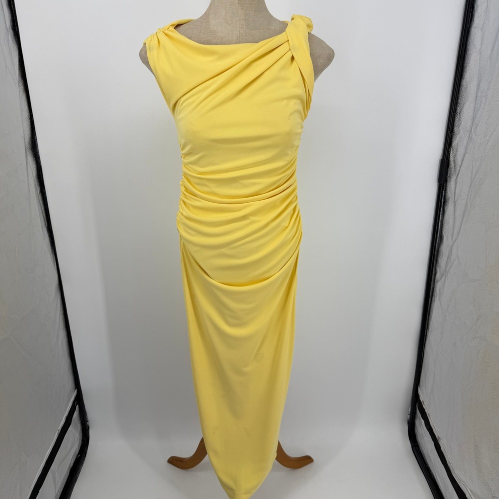Zara Maxi Dress Womens Small Yellow Asymmetrical Draped Ruched Sleeveless Formal